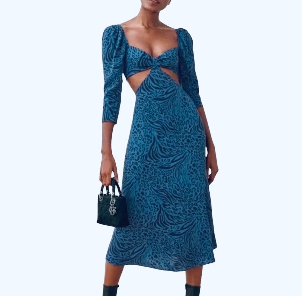 Reformation Midi Dress Blue Animal Print Waist Cut Out Long Sleeve New